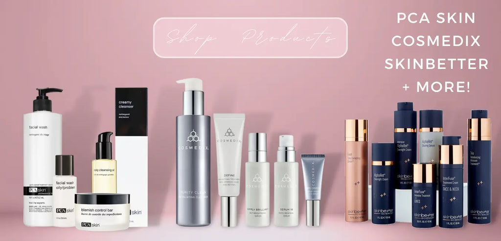 a collection of Glotique's favorite skincare products, featuring brands like PCA Skin, Cosmedix, and Skinbetter